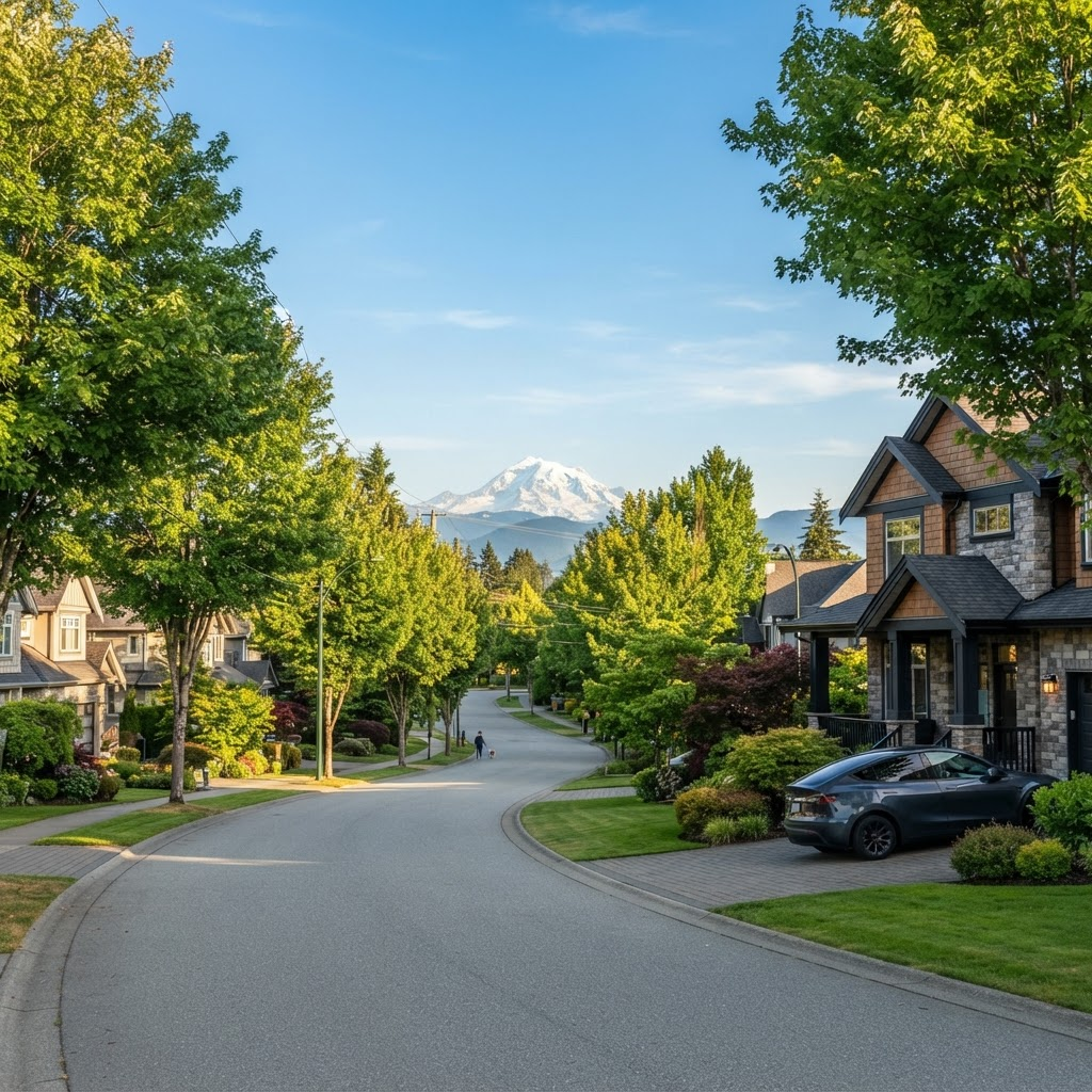 Tree-lined residential street in Surrey, British Columbia