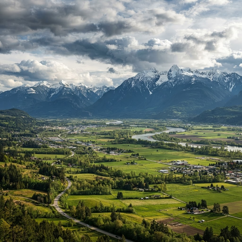 Panoramic view of Fraser Valley with mountains and lush green landscape