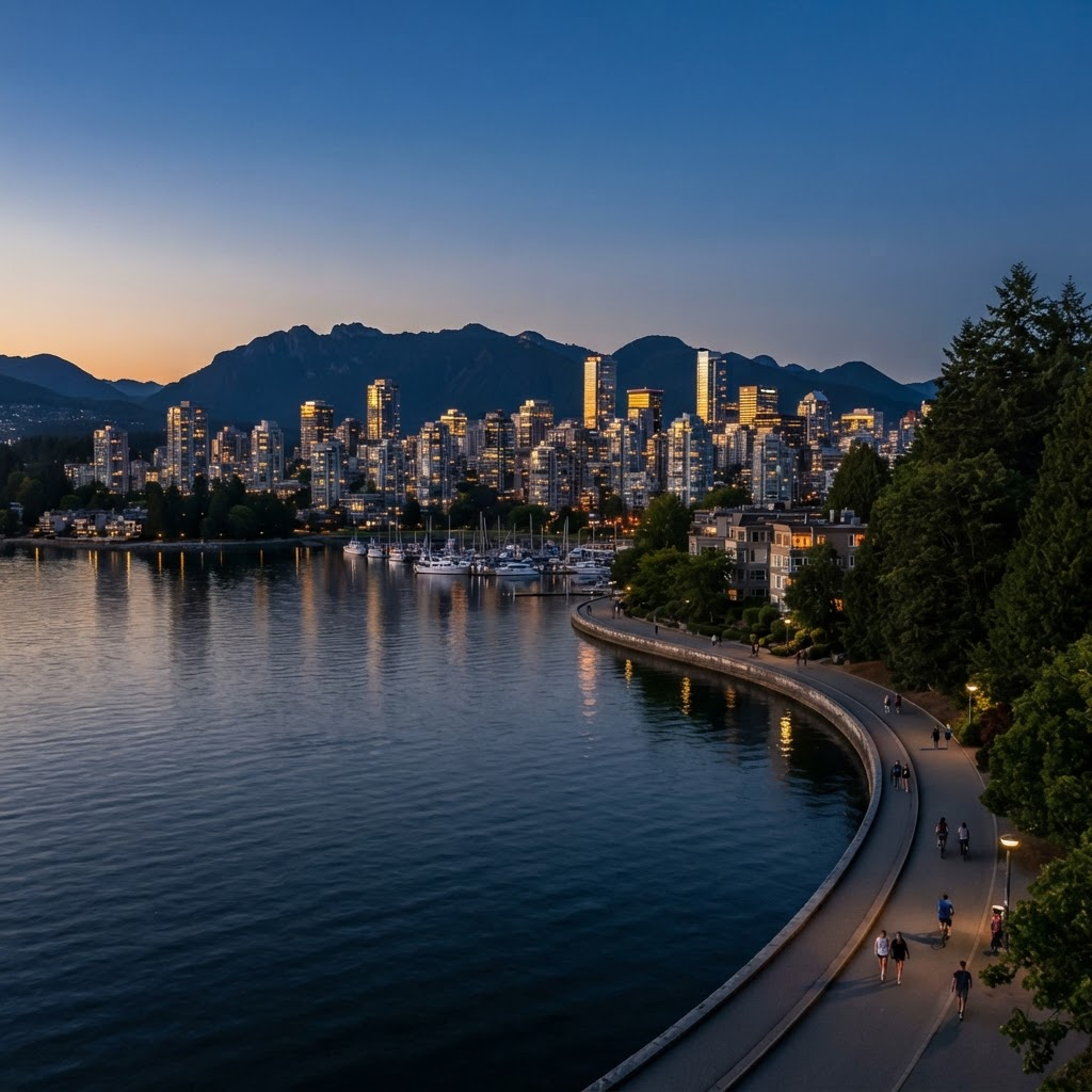 Vancouver waterfront seawall at dusk with North Shore mountains